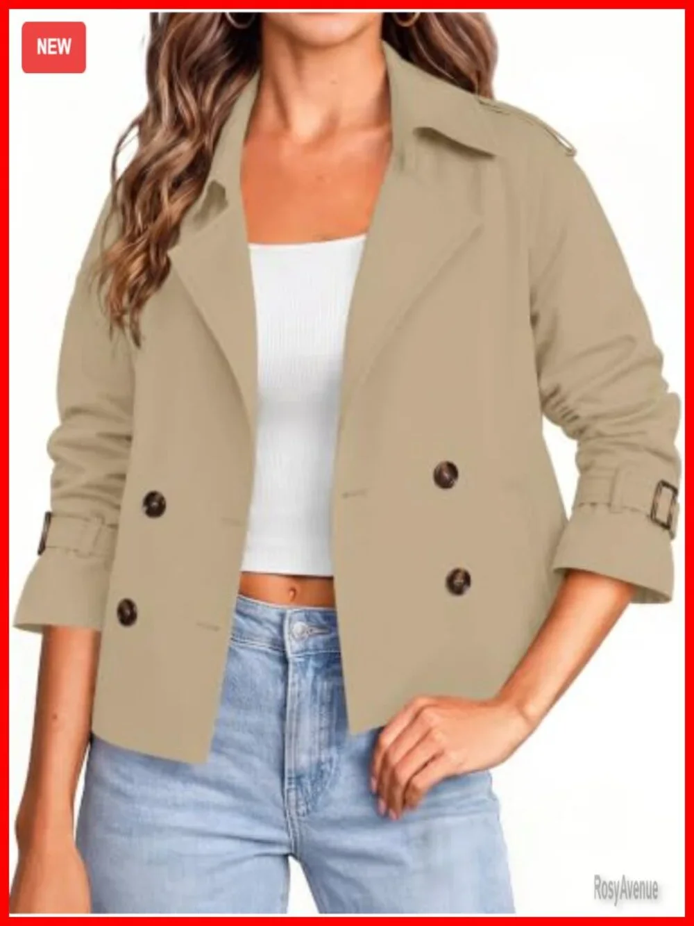 Cropped Double Breasted Trench Coat Raglan Sleeve Notch Collar Women's